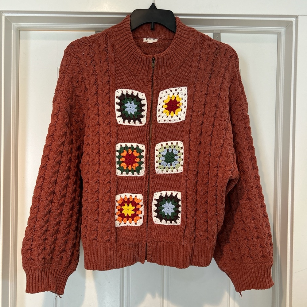 POL Zip-Up Cardigan with Crochet Granny Square Accents - Picture 2 of 6
